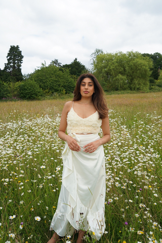 Petal V Neck Cami Crop Top in Cream