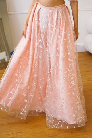 Ditsy Floral Tulle Pleated Skirt in Peach