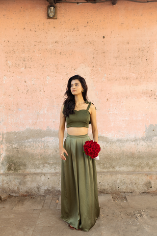 Satin Pleated Skirt in Khaki