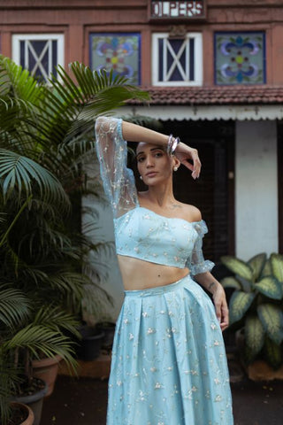 Ditsy Floral Sweetheart Long Puff Sleeve Crop Top in Blue