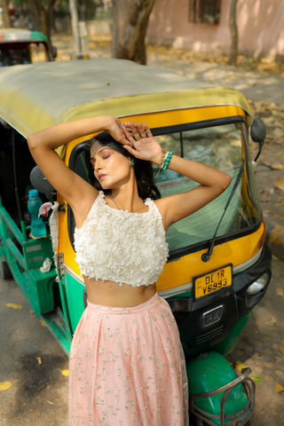 Petal Racer Lehenga Crop Top in Cream