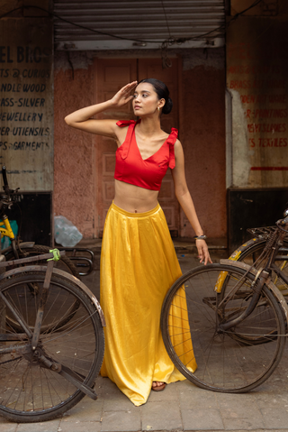 Tie on Bow Lehenga Crop Top in Red