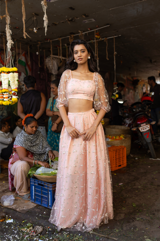 Ditsy Floral Sweetheart Long Puff Sleeve Lehenga Crop Top in Peach