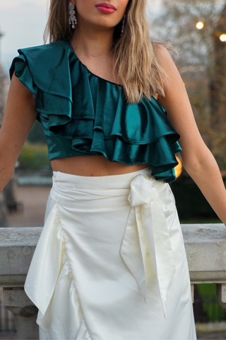 Diagonal Frill Crop Top in Emerald Velvet