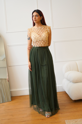 Floral Sheer Tulle Crop Top in Gold
