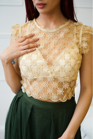 Floral Sheer Tulle Crop Top in Gold