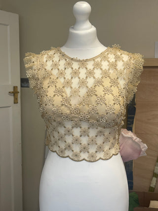 Floral Sheer Tulle Crop Top in Gold