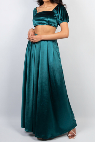 Pleated Maxi Skirt in Emerald Velvet