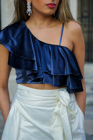 Diagonal Frill Crop Top in Navy Velvet