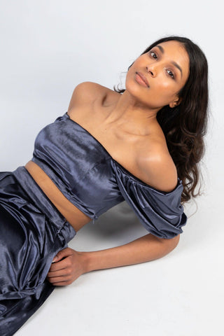 Square Puff Sleeve Crop Top in Navy Velvet