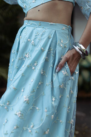 Ditsy Floral Tulle Pleated Skirt in Blue