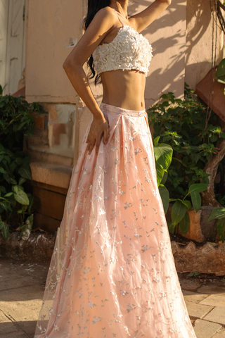 Ditsy Floral Tulle Pleated Skirt in Peach