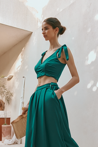 Tie on Bow Lehenga Crop Top in Emerald Velvet