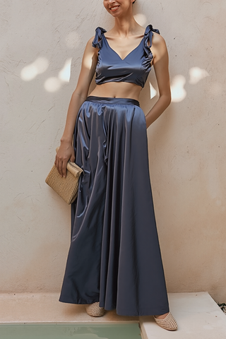 Tie on Bow Lehenga Crop Top in Navy Velvet