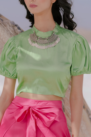 High Neck Puff Sleeve Crop Top in Green