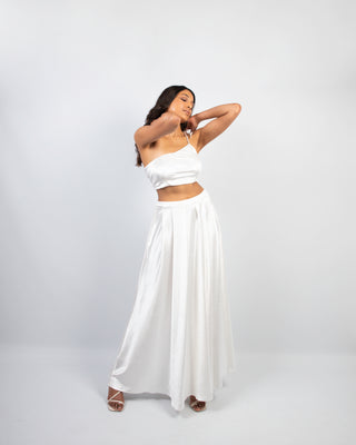 One Shoulder String Crop Top in White Velvet