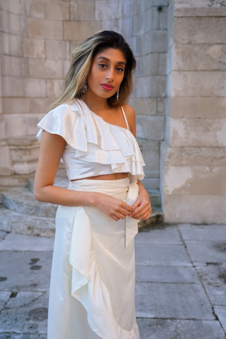 Diagonal Frill Crop Top in White Velvet