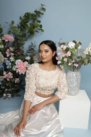 Petal Boat Neck Crop Top in Cream