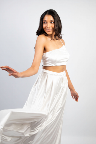 One Shoulder String Crop Top in White Velvet