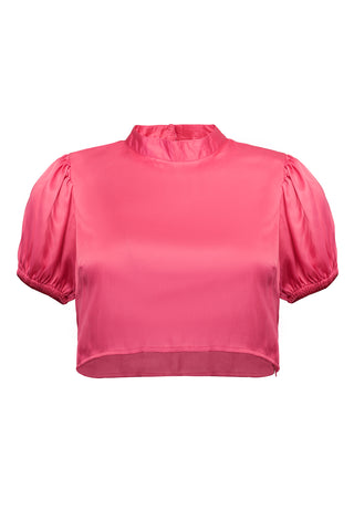 High Neck Puff Sleeve Crop Top in Pink