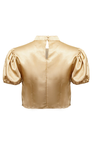 High Neck Puff Sleeve Crop Top in Gold