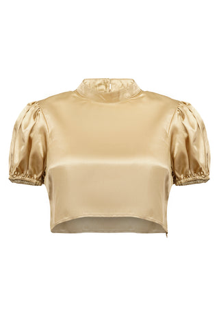 High Neck Puff Sleeve Crop Top in Gold
