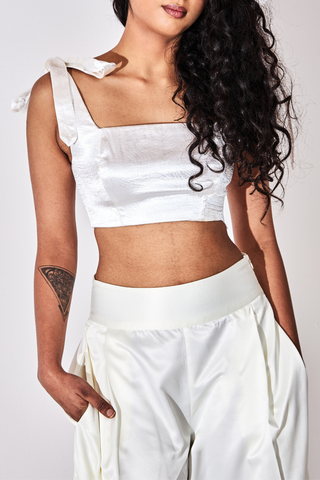 Square Tie on Bow Crop Top in White