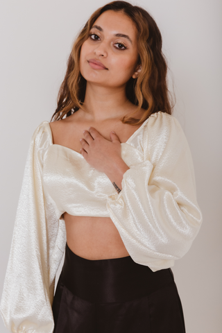 Sweetheart Long Puff Sleeve Crop Top in Cream