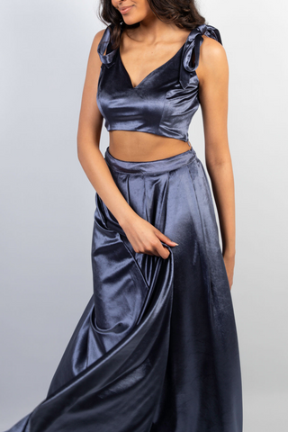 Tie on Bow Crop Top in Navy Velvet